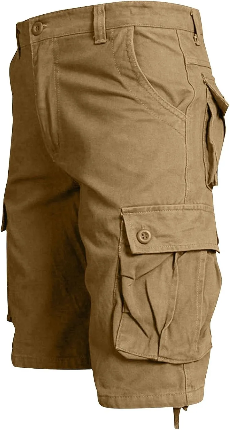 Cargo Shorts for Men Stretch Waist Classic Fit Workwear Multi Pockets Knee Length Outdoor Hiking Solid Runningshorts