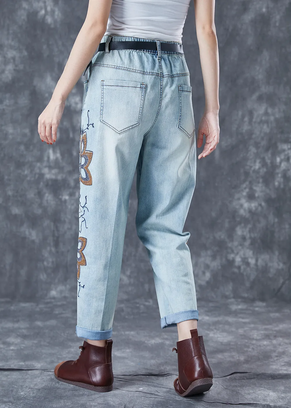Chic Light Blue Embroideried Zircon Denim Harem Pants Summer LY5672