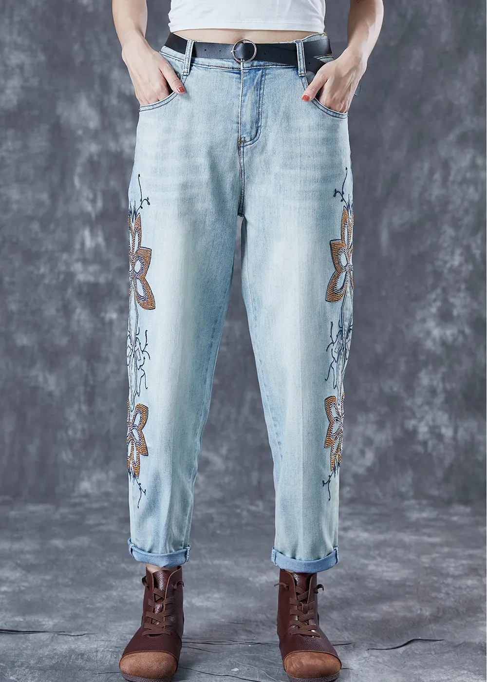 Chic Light Blue Embroideried Zircon Denim Harem Pants Summer LY5672