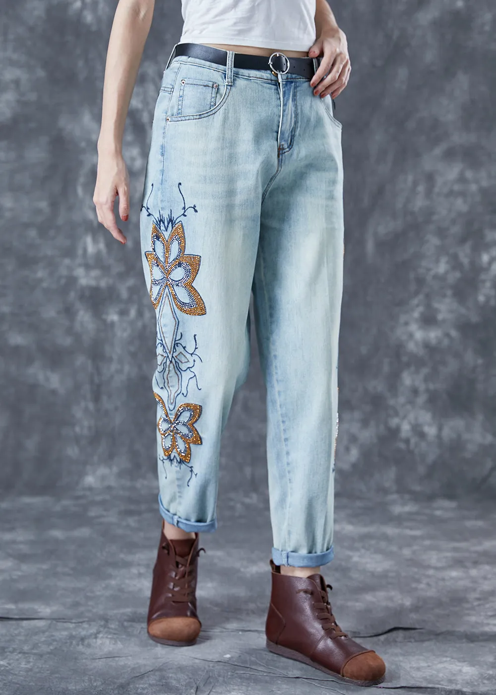 Chic Light Blue Embroideried Zircon Denim Harem Pants Summer LY5672