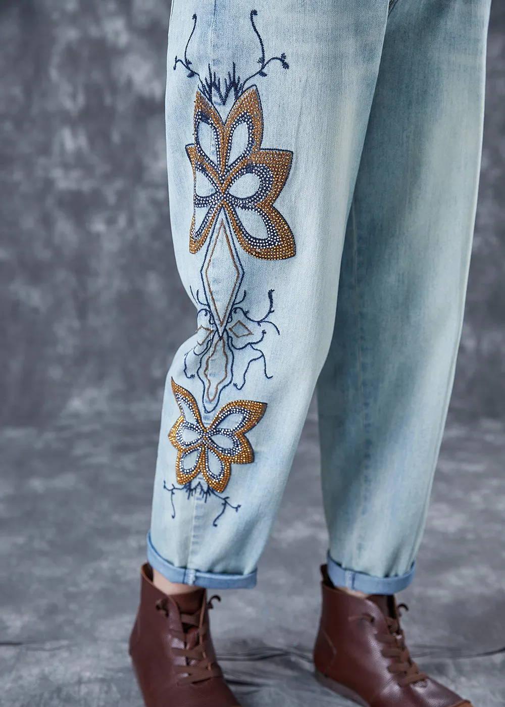 Chic Light Blue Embroideried Zircon Denim Harem Pants Summer LY5672