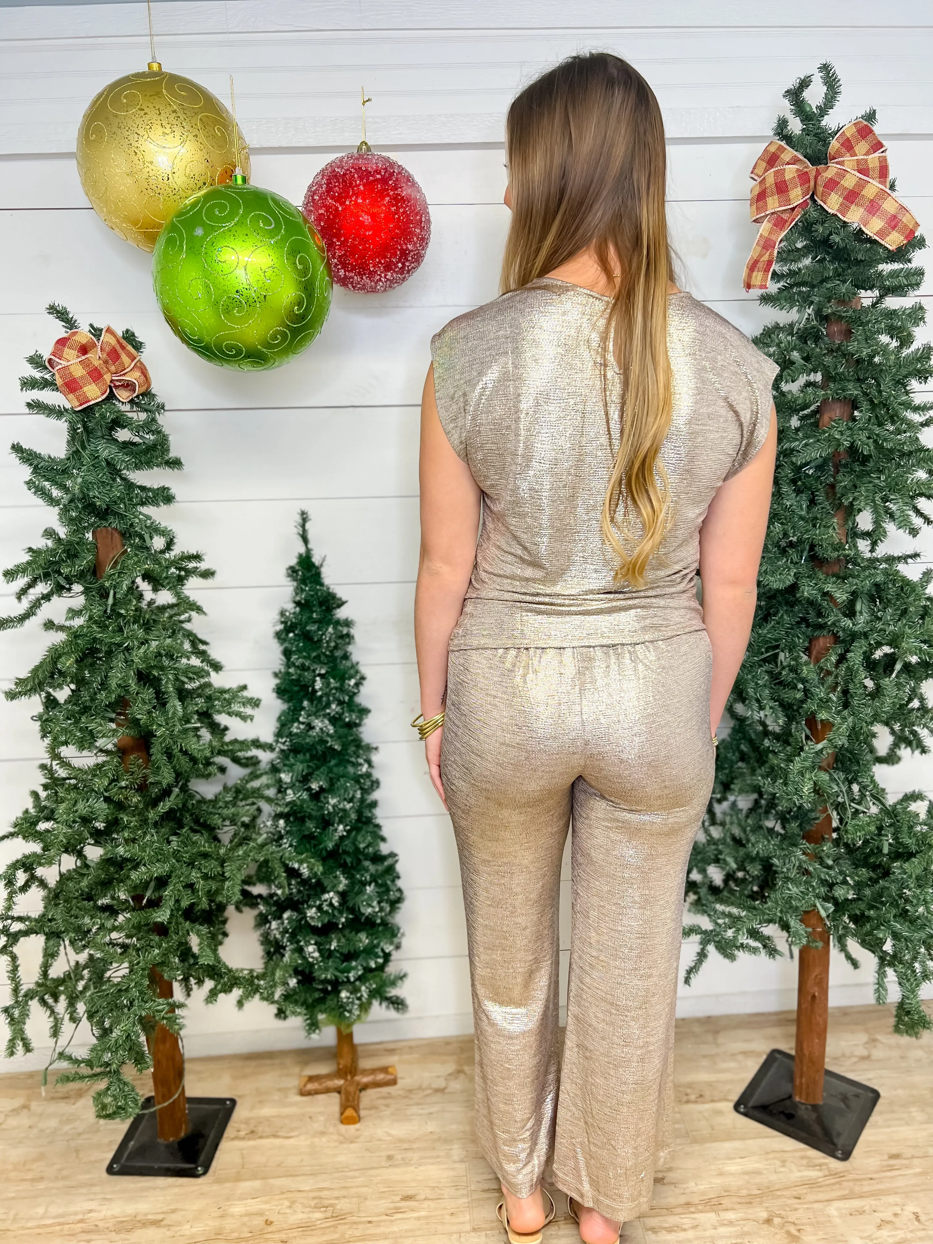 Foil Pull On Knit Pant-Champagne