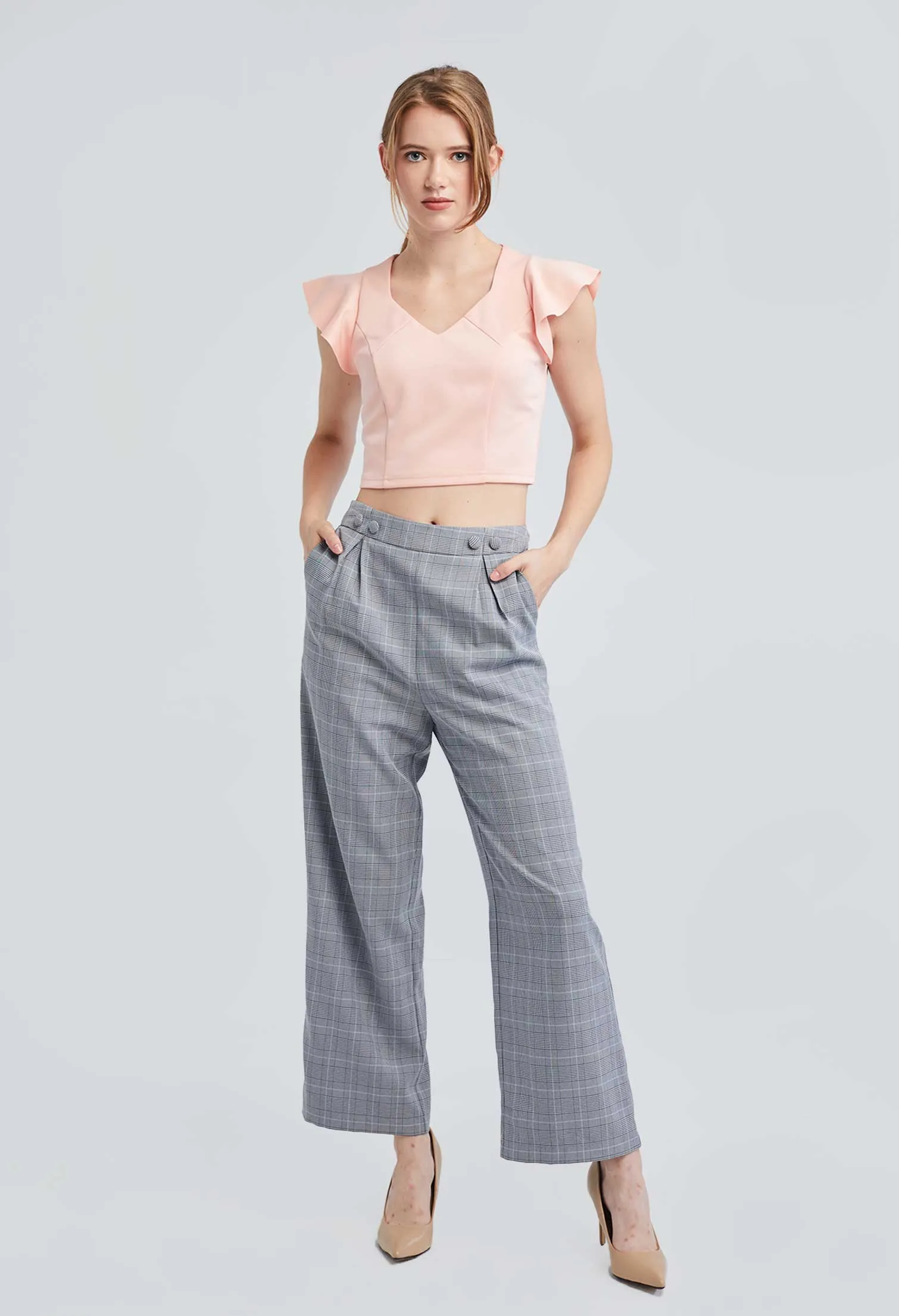Houndstooth Flare Two-sided Button Pants