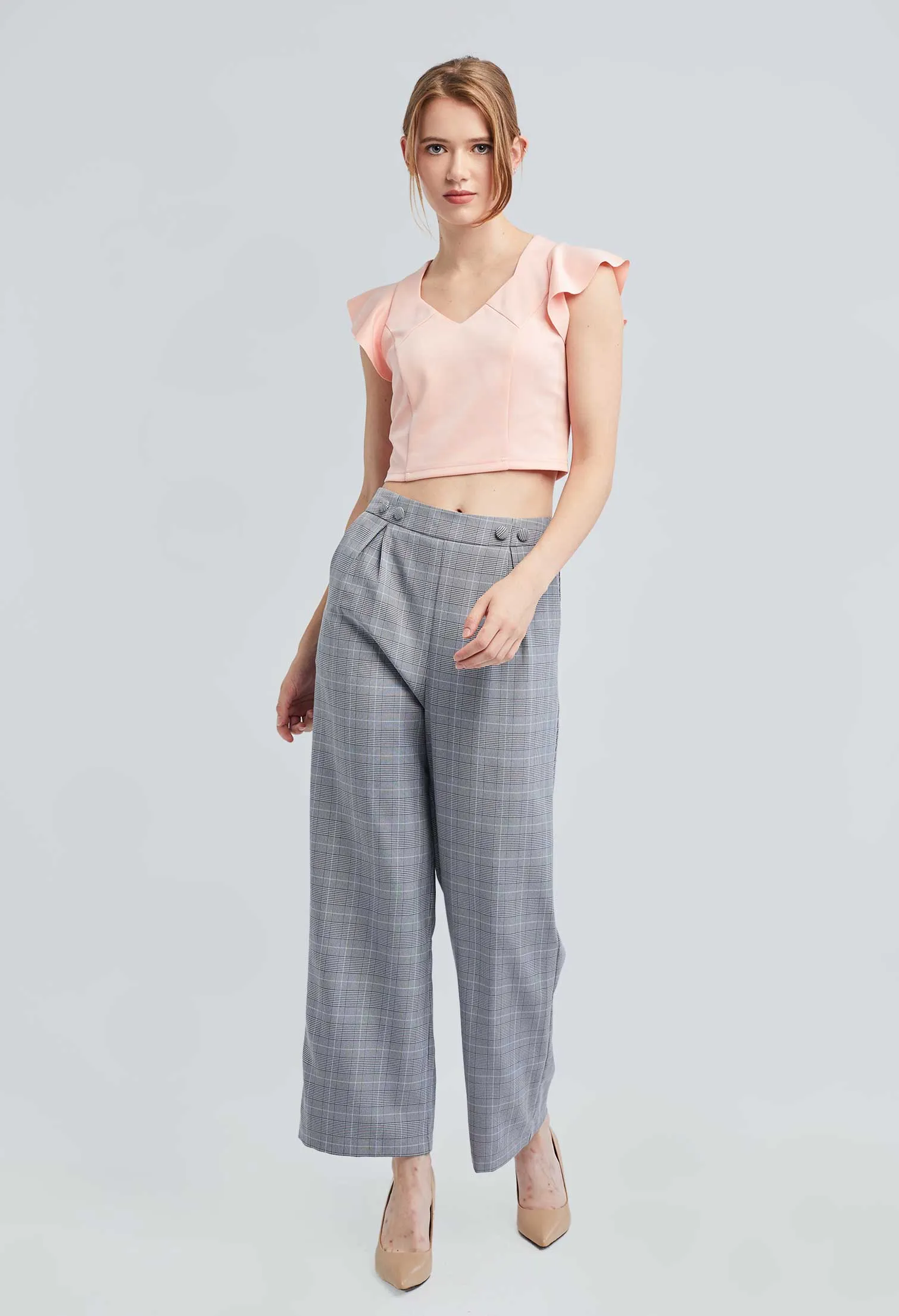 Houndstooth Flare Two-sided Button Pants