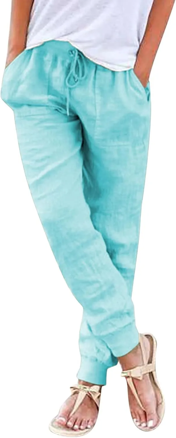 Linen Pants Women Summer Casual Trousers Elastic Waist Pants 2025 Lightweight Joggers with Pockets