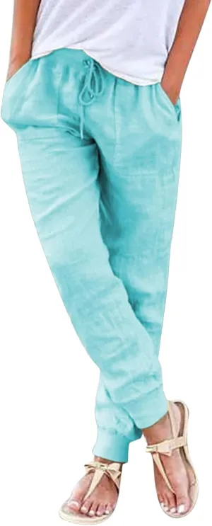 Linen Pants Women Summer Casual Trousers Elastic Waist Pants 2025 Lightweight Joggers with Pockets