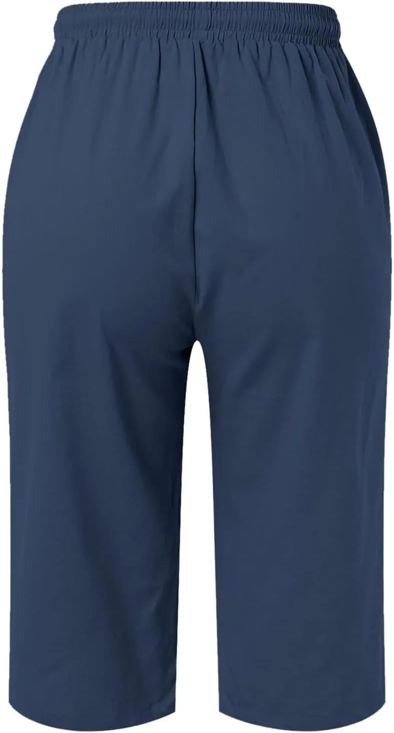 Linen Shorts for Women Knee Length Bermuda Shorts Drawstring Elastic Waist Summer Casual Gym Shorts with Pockets