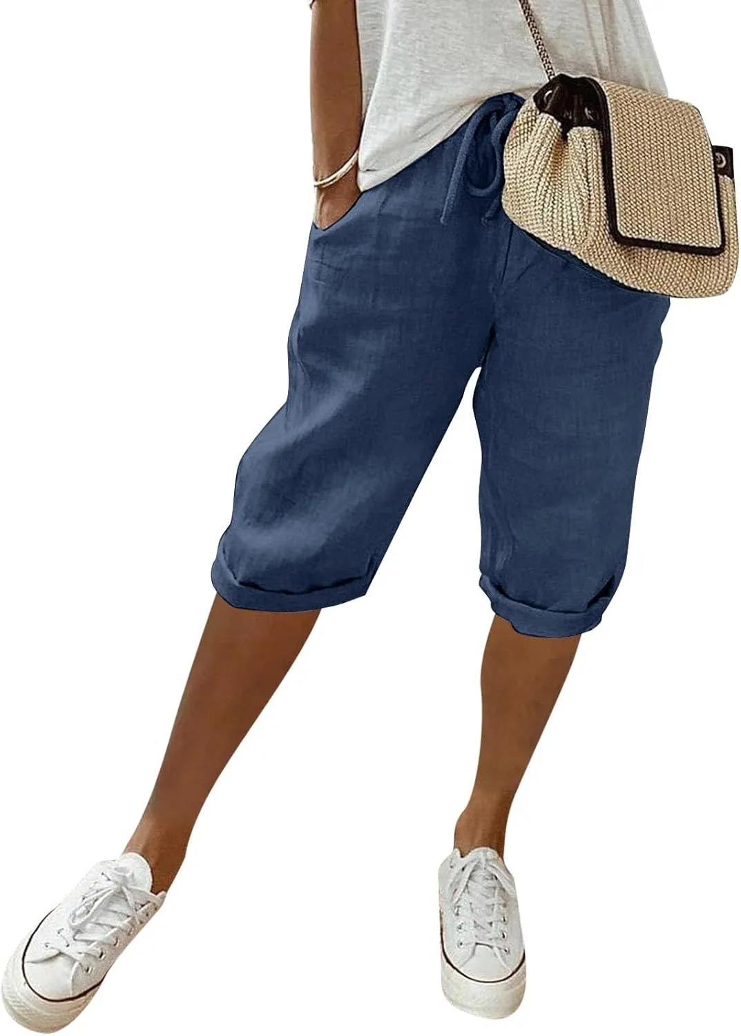 Linen Shorts for Women Knee Length Bermuda Shorts Drawstring Elastic Waist Summer Casual Gym Shorts with Pockets