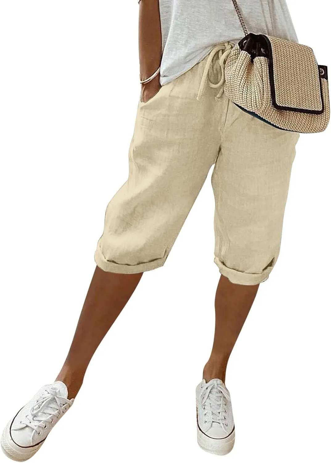 Linen Shorts for Women Knee Length Bermuda Shorts Drawstring Elastic Waist Summer Casual Gym Shorts with Pockets