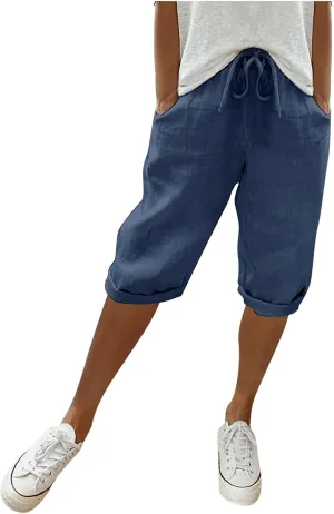Linen Shorts for Women Knee Length Bermuda Shorts Drawstring Elastic Waist Summer Casual Gym Shorts with Pockets