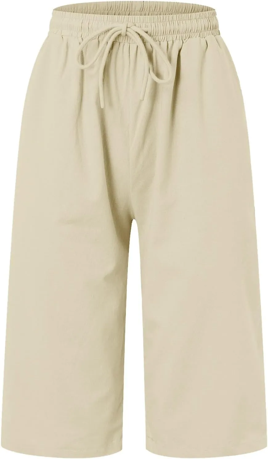 Linen Shorts for Women Knee Length Bermuda Shorts Drawstring Elastic Waist Summer Casual Gym Shorts with Pockets