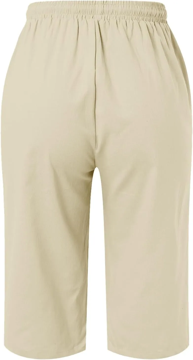 Linen Shorts for Women Knee Length Bermuda Shorts Drawstring Elastic Waist Summer Casual Gym Shorts with Pockets