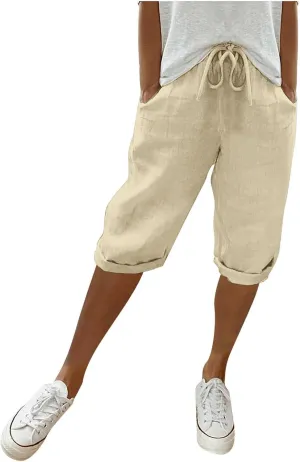 Linen Shorts for Women Knee Length Bermuda Shorts Drawstring Elastic Waist Summer Casual Gym Shorts with Pockets