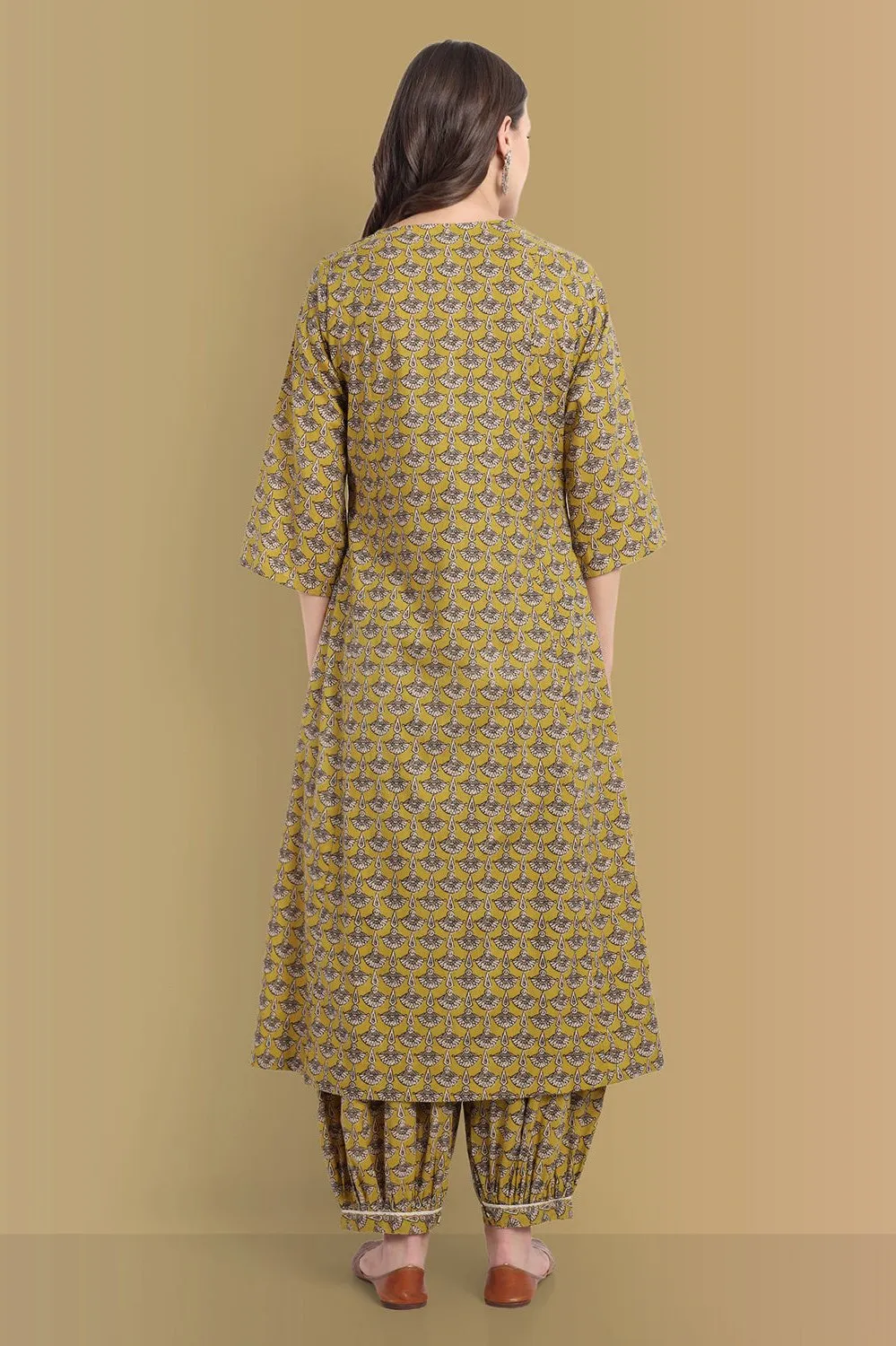 Mustard Mosaic Ajrak A Line Kurta with Harem Pant - Set of 2