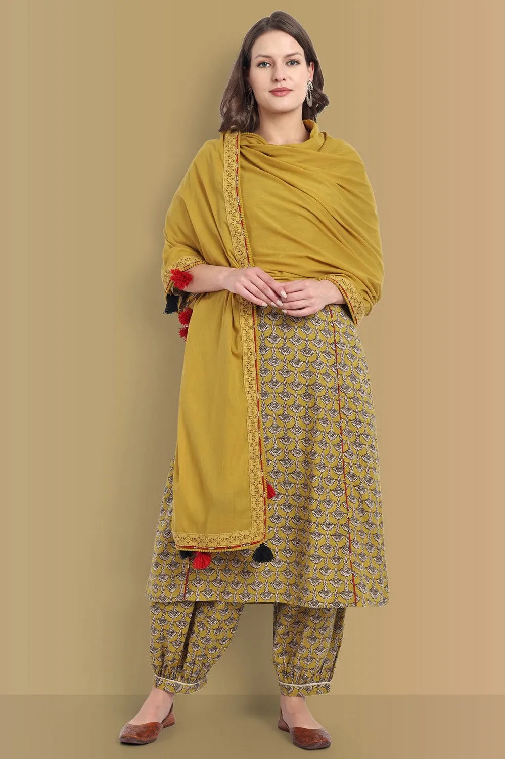 Mustard Mosaic Ajrak A Line Kurta with Harem Pant - Set of 2