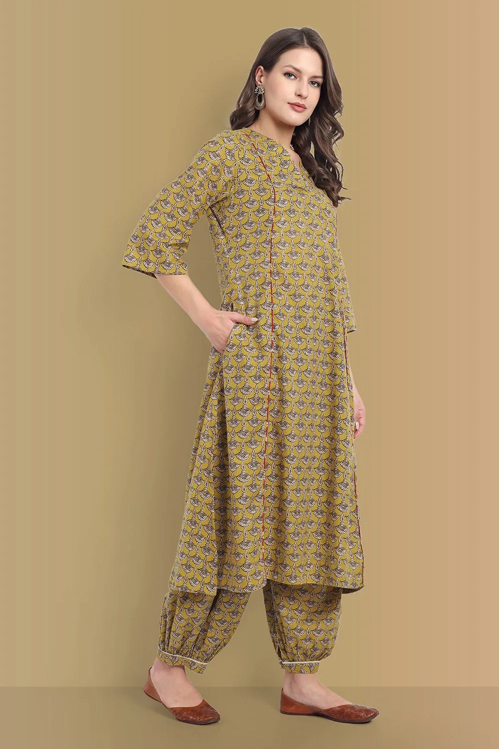 Mustard Mosaic Ajrak A Line Kurta with Harem Pant - Set of 2