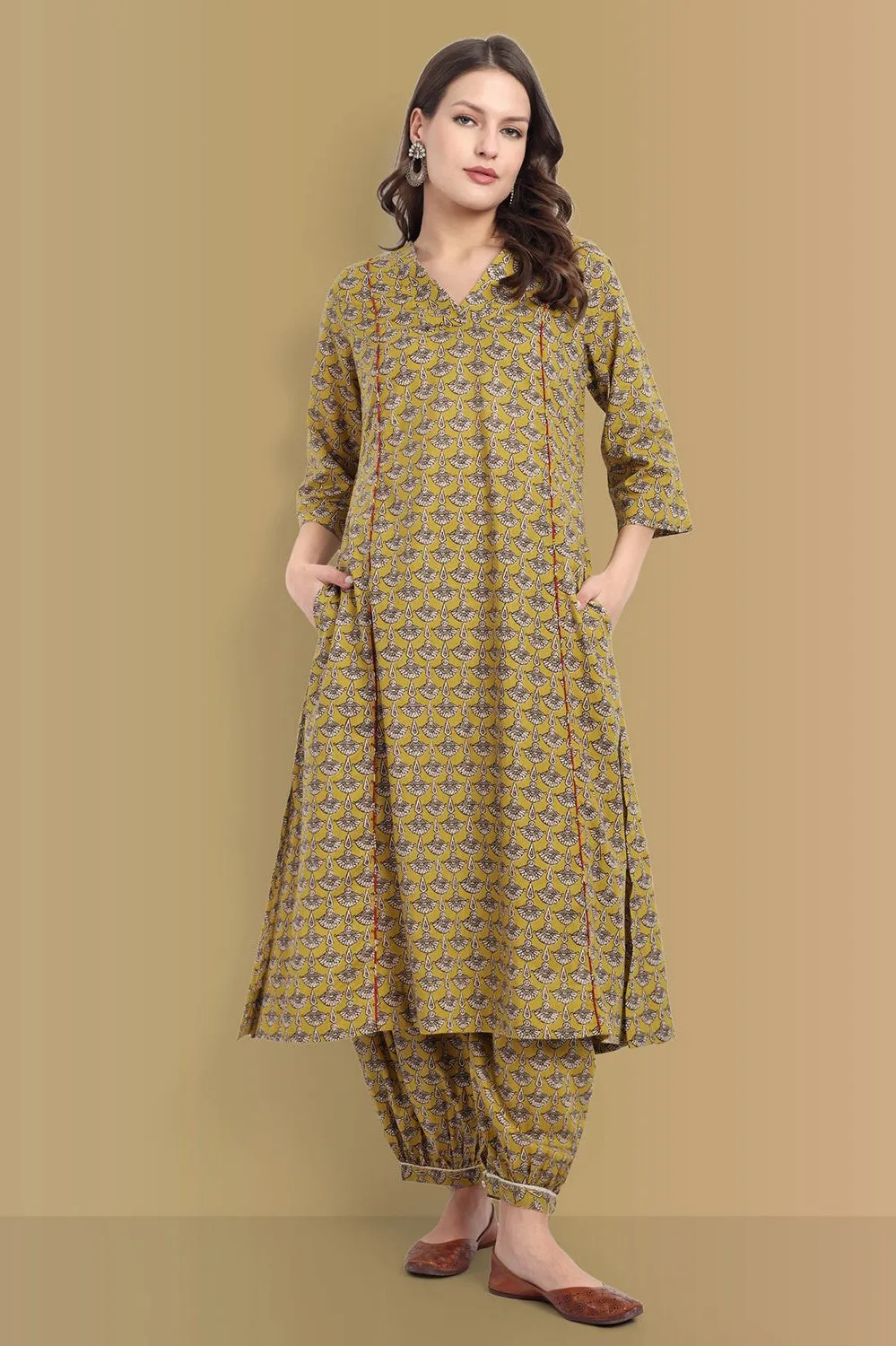 Mustard Mosaic Ajrak A Line Kurta with Harem Pant - Set of 2