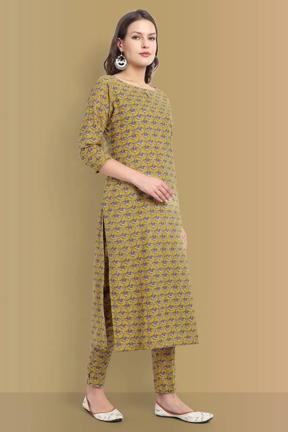 Mustard Mosaic Ajrak Boat neck Kurta, Straight Pant with Dupatta - Set of 3