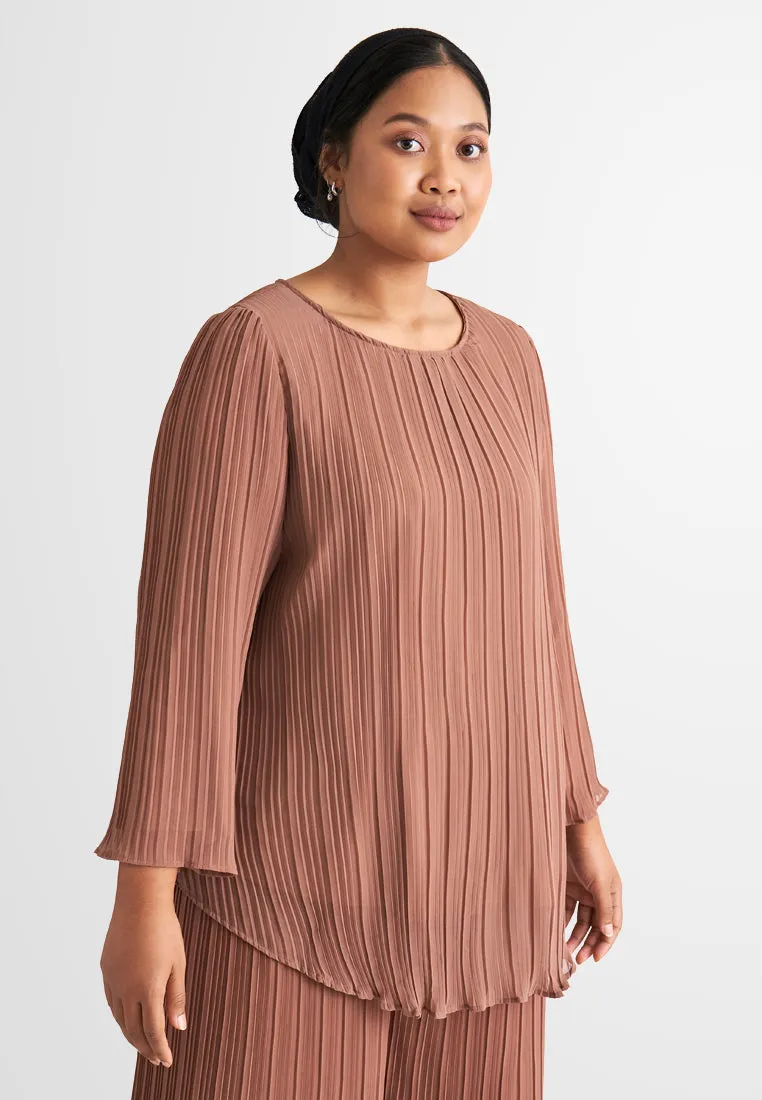 Pearly Chiffon Pleated Pants Set - Brown